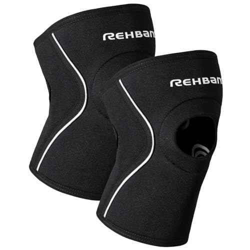 Rehband Open Patella Knee Brace 5mm Neoprene, Supportive Knee Sleeve with Patella Support, Knee Protection for Strength Training, Jogging & Fitness, Colour:Black - 1 Pair, Size:Large