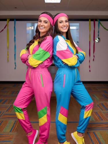 UOUA 80s Outfit for Women 90s Costume Jumpsuits Long Sleeves Windbreaker One Piece Party Tracksuit