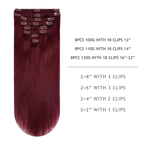 YILITE Hair Extensions Clip in Human Hair 8Pcs 120Gram/Pack Burgundy Silky Remy Human Hair Double Weft Straight Real Hair Extensions Clip ins Thick (18inches #99J Burgundy£©