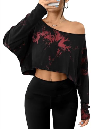 Hilinker Womens Off Shoulder Long Sleeve Crop Tops Sexy Boat Neck Loose Casual T Shirt
