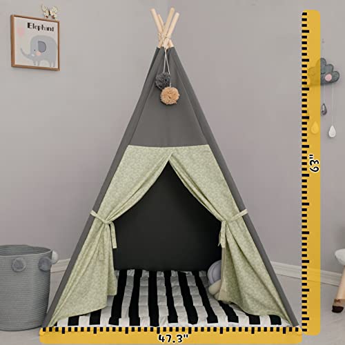 TreeBud Teepee Tent for Kids Stripe Padded Mat Foldable Dark Tone Grey Play Tents for Girl and Boy with Carry Case Wooden ...