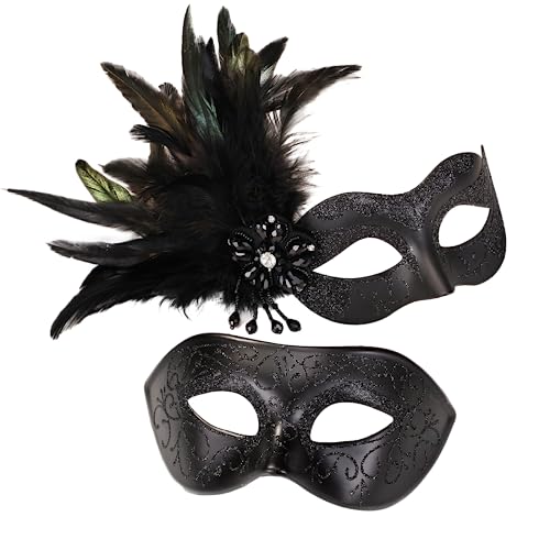 MYSEUNI Black Couples Masquerade Mask Set - Women's Masquerade Masks with Feathers & Venetian Mask for Men, Mardi Gras, Ha...