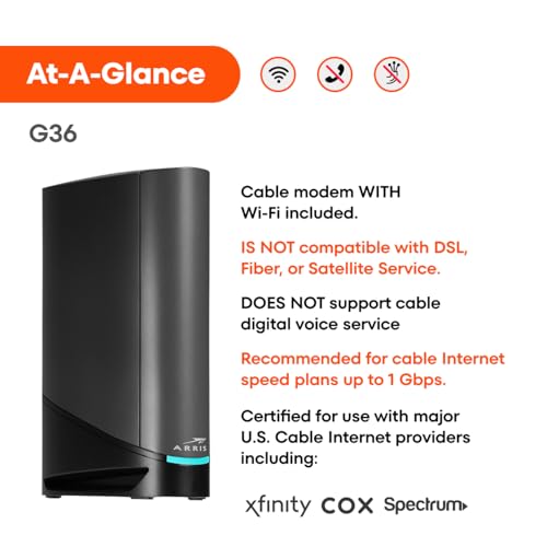 ARRIS (G36) - Cable Modem Router Combo - Fast DOCSIS 3.1 Multi-Gigabit WiFi 6 (AX3000), Approved for Comcast Xfinity, Cox, Spectrum & More, 1.2 Gbps Max Speeds, 2x2 OFDM