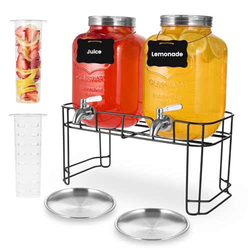 Drink Dispenser, 2 Pack 1 Gallon Glass Drink Dispensers For Parties,Beverage Dispenser, Glass Drink Dispenser With Stand A...