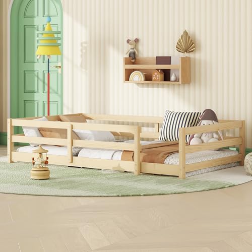OYN Twin Floor Bed, Montessori Bed Frame with High Fence, Pine Wood Montessori Floor Bed for Kids, Girls, Boys, Natural