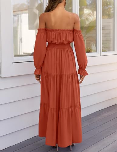 ZESICA Women's 2026 Boho Sexy Off Shoulder Long Sleeve Smocked High Waist Side Split Flowy A Line Tiered Long Maxi Dress