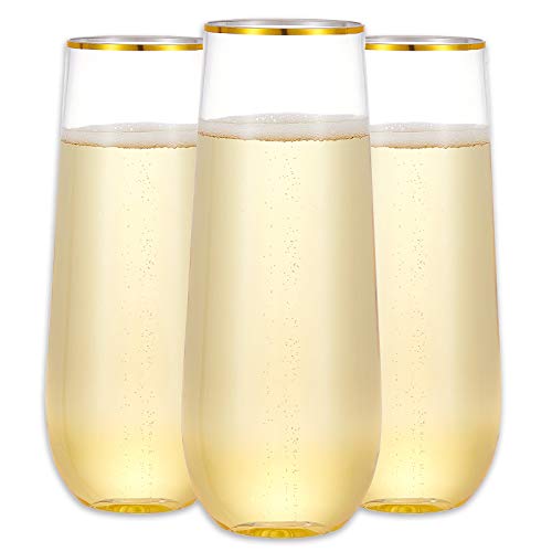 N9R 12PCS Plastic Champagne Flutes, 9 oz Stemless Disposable Gold Rim Toasting Glasses, Crystal Clear Cocktail Cups Drinkw...