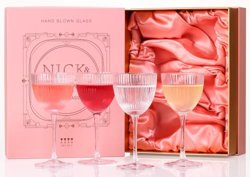SIPBYSOP Nick and Nora Cocktail Glasses - Pink Martini Glasses, Ribbed Coupe Glasses Set of 4, 5 Oz,Valentines Day Gifts F...