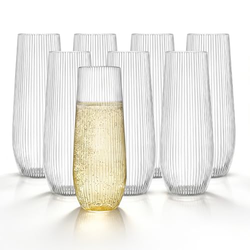 HOMIP 36pcs Clear Plastic Champagne Flutes - 9oz Disposable Champagne Flutes Stemless Toasting Glasses, Ribbed Ripple Desi...