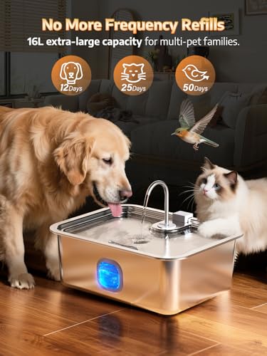 4.2Gal Dog Water Fountain for Large Dogs, 16L Stainless Steel Large Dog Fountain Water Bowl with Deeper & Wider Drinking T...