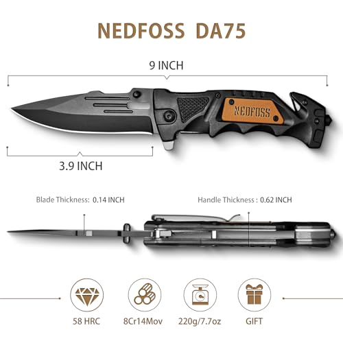 NedFoss Pocket Folding Knife DA75, 3 in 1 Pocket Knife for Men, Survival Knife with Liner-Lock Belt Clip, Seat Belt Cutte...