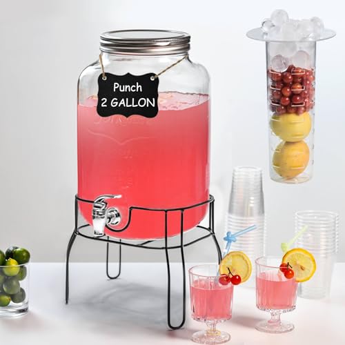 2 Gallon Glass Drink Dispensers for Parties, Sun Tea Glass Jar for Outside Beverage Dispenser with Stand+Lid 2 Press-Spigo...
