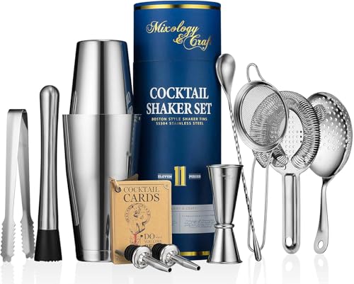 Bartender Kit with Stainless Steel Boston Shaker Bottle | 11-Piece Cocktail Shaker Set with Weighted Design, Premium Bar A...