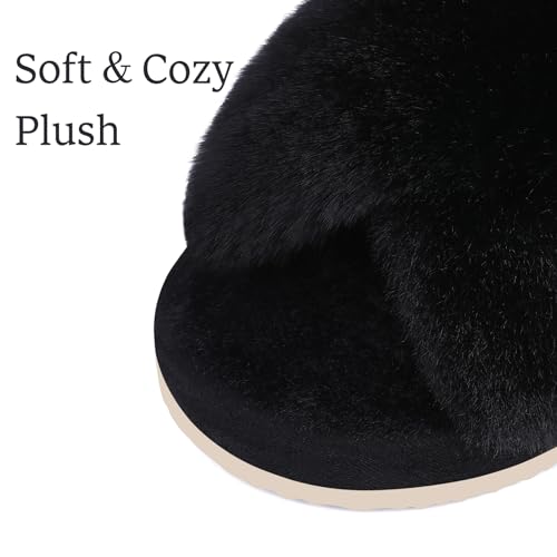 Comwarm Women's Cross Band Fuzzy Slippers Fluffy Open Toe House Slippers Cozy Plush Bedroom Shoes Indoor Outdoor
