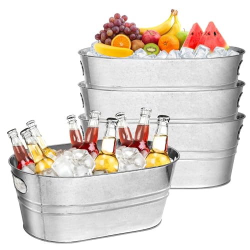 4 Pack Galvanized Tub Ice Bucket, 3 Gallon Large Metal Drink Buckets for Parties & Bars, Beer Beverage Tub with Carry Hand...
