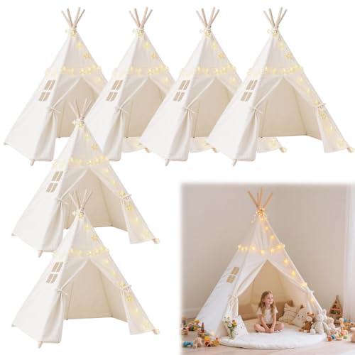Quaocens 6 Pack Teepee Tent for Kids,Collapsible Kids Teepee Tent with 10 Ft String Lights,White Kid Teepee Boys Girls Ind...