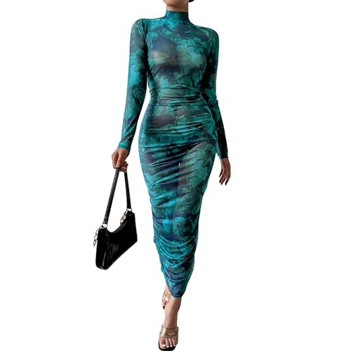 Kasopp Women’s Sheer Mesh Sexy Bodycon Long Sleeve Ruched Maxi Dress Printed Slim Fit Party Club Dresses
