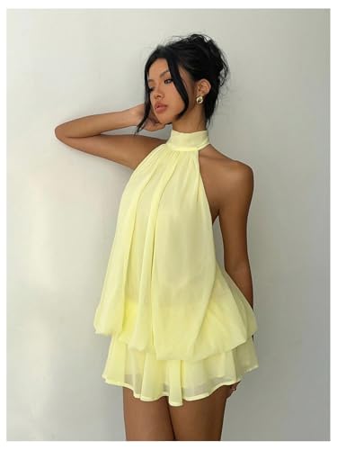 Verdusa Women's Chiffon Halter Drop Waist Wedding Guest Dresses Ruffle Summer Mini Dress Brunch Outfits