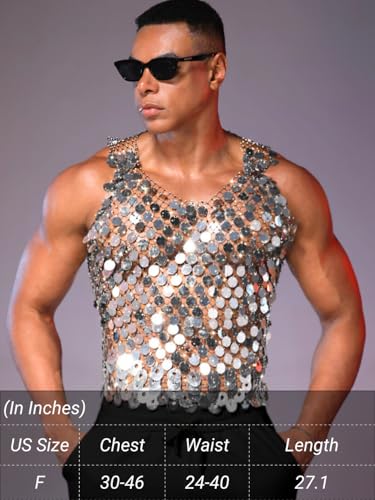 ChiaoLezhee Men's Big Sequin & Rhinestone Mesh Shirt for Rave, Sparkly Reflective Metallic Sexy Tank Top (Fits Chest 30-46")