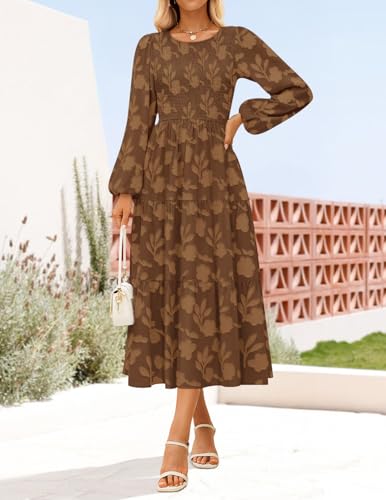 ZESICA Women's Fall Boho Floral Midi Dress 2026 Casual Long Sleeve Crewneck Flowy Wedding Guest Long Dresses