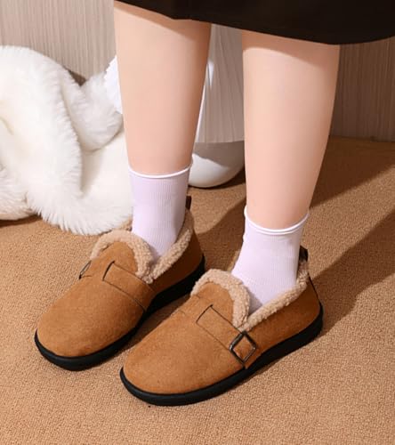 Women's Faux Suede Fuzzy Lined Loafers, Buckle Decor Slip-On Comfortable Warm Casual Shoes for Winter