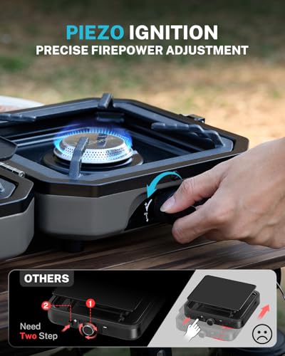 Gonex 2 Burner Propane Camping Stove with Griddle & Grates, Portable Foldable Cooking Stove with Total 16,000 BTU, Two Pie...