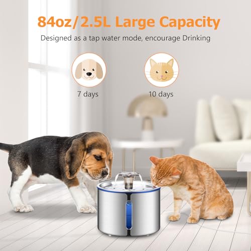 BOORCA Cat Water Fountain, 84oz/2.5L Stainless Steel Pet Water Fountain, Automatic Dog Water Dispenser with Water Level Wi...