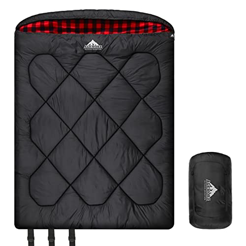 AGEMORE 0 Degree Double Sleeping Bag for Adults, Cotton Flannel Lined 2 Person Queen Size Warm Sleeping Bag for Family Win...
