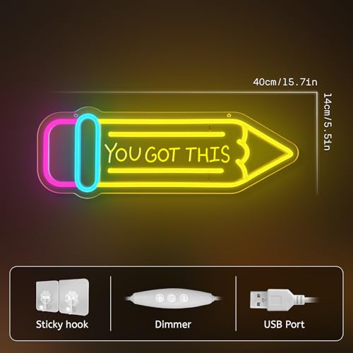 Pencil Neon Sign Dimmable Motivational Led Neon Light for Wall Decor USB Powered LED Sign for Inspirational Classroom Offi...