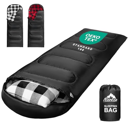 MEREZA Flannel Sleeping Bag for Adults Mens with Pillow, XL Cold Weather Sleeping Bag for 30 Degree 4 Season Camping Large...