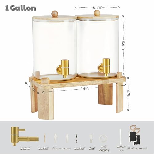 2 Pack Drink Dispenser with Wood Stand, Glass Beverage Dispenser with Spigot and Labels, Glass Water Dispenser for Partie...