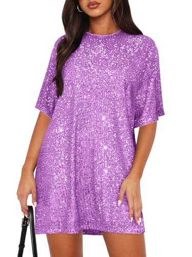 MIYIEONZ Women's Crew Neck Sequin Dress for Women Sexy V Neck Shirt Dress Sparkly Half Sleeve Loose Party Club Cocktail Dress