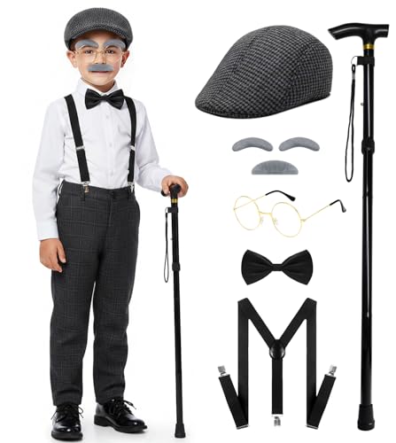 Mscawow Old Man Costume for Kids–100 Days of School Costume with Hat,Glasses,Suspenders & Cane