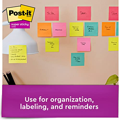 Post-it Super Sticky Notes, Assorted Bright Colors, 3x3 in, 15 Pads/Pack, 45 Sheets/Pad, 2X The Sticking Power, Recyclabl...