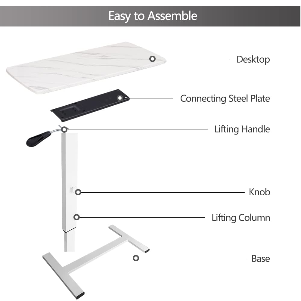 BeGyoku Overbed Table,Hospital Bed Table,Pneumatic Bed Tables Adjustable Over The Bed with Hidden Wheels&USB Port,Mobile Laptop Table Cart and Rolling Bedside Table with Tray Hospital Home Use-White