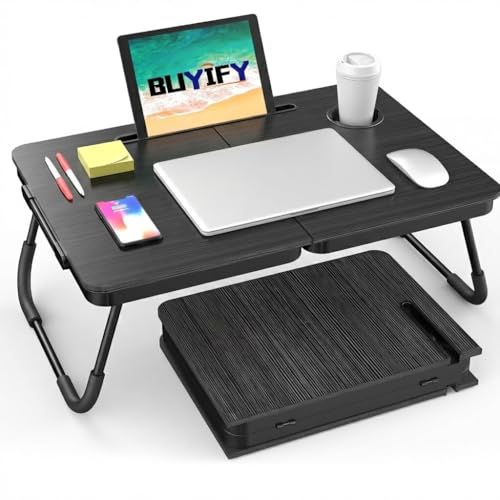 BUYIFY Portable Foldable Laptop Desk for Bed and Couch, Adjustable Lap Desk with Cup Holder and Phone Holder, Ideal for Wo...