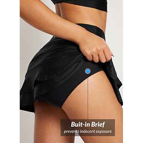 baleaf Women's High Waisted Adjustable Drawstring Ruffle Swim Skirt Bottoms Modest Tummy Control Swim Skort with Pocket Liner