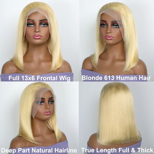 Blonde 613 13x6 Lace Front Bob Wig Human Hair Straight Transparent Lace Frontal Wigs Pre Plucked with Baby Hair 180 Density Brazlian Remy Glueless Lace Short Wigs for Black Women