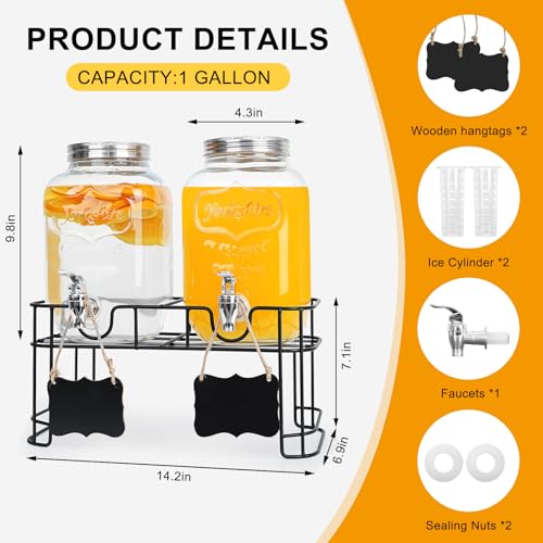 2-Pack 1 Gallon Glass Drink Dispensers for Parties - Leak-Proof Beverage Dispenser with Stand, Spigot, Ice Cylinder & Chal...