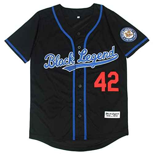 Dabuliu Men's Black Legend 42 Retro Baseball Jersey Embroidered Patches Sewn Hipster Hip Hop Shirts