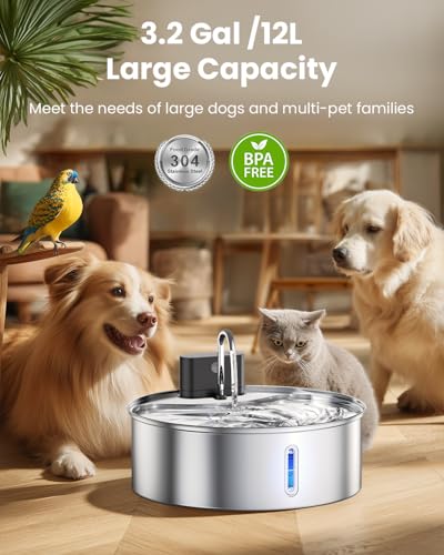 Wireless Dog Water Fountain for Large Dogs, 12L/3.2Gal Stainless Steel Dog Fountain Water Bowl with Sensor, Quiet Pump BP...