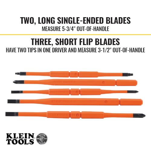 Klein Tools 32288 Insulated Screwdriver, 8-in-1 Screwdriver Set with Interchangeable Blades, 3 Phillips, 3 Slotted and 2 S...