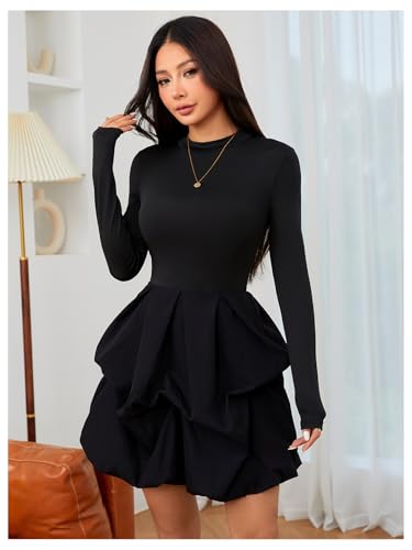 MakeMeChic Women's Long Sleeve Mini Dress Ruffle Mock Turtle Neck A Line Wedding Party Short Dresses