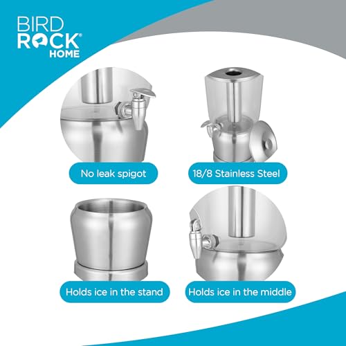 BIRDROCK HOME 3 Gallon Stainless Steel Beverage Dispenser with Ice Container, Spigot - Round - Lemonade Sangria Tea Water ...