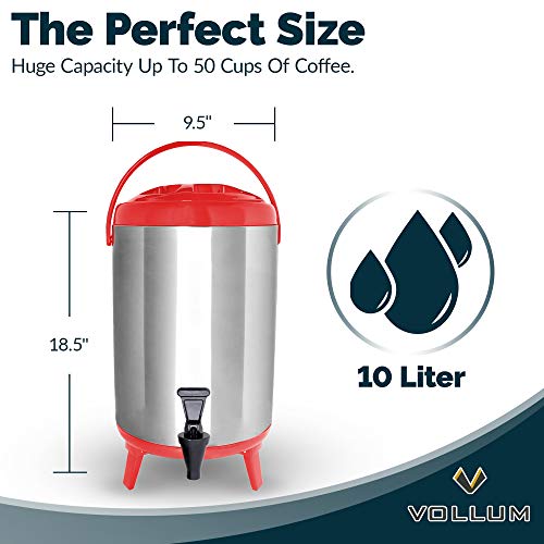 Vollum Stainless Steel Insulated Beverage Dispenser – Insulated Thermal Hot and Cold Coffee Carafe – 10 Liter Drink Dispen...