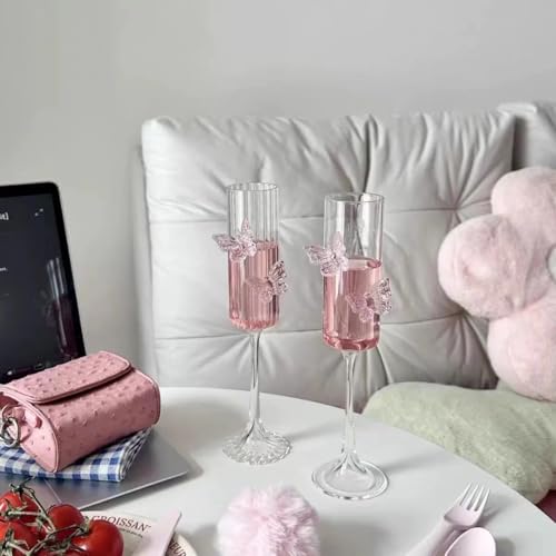 2Pcs Pink Butterfly Wine Glasses, 3D Butterfly Champagne Cups Drinking Glasses Fashioned Wine Cocktails Glassware Romantic...