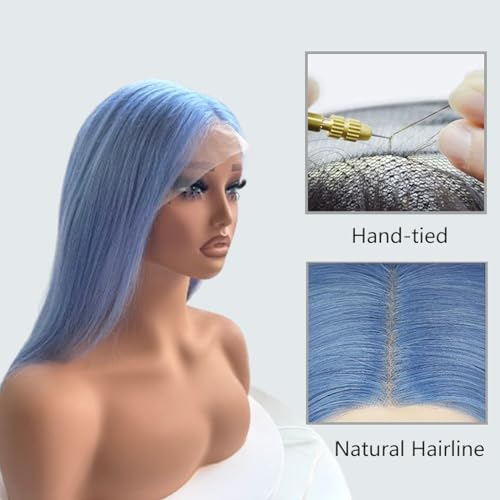 Light Blue Wigs 100% Brazilian Virgin Human Hair,Shiny and Bouncy 10A Grade Bob Wigs,13x4 HD Transparent Straight Lace Front Human Hair Wig 180% Density,Small Knots Easy to Bleach(16Inch,Light Blue)