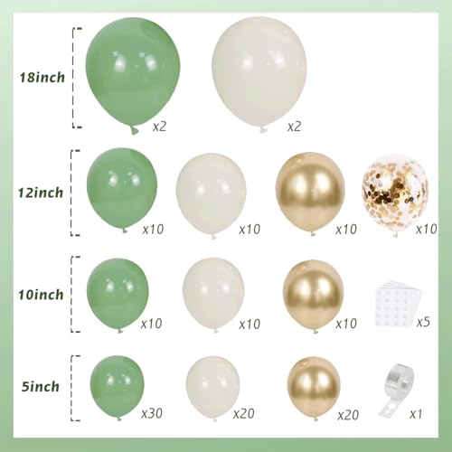 Sage Green White Sand Balloon Arch Kit, Green Beige Gold Metallic Balloons Garland Kit with Gold Confetti Balloons for Bir...
