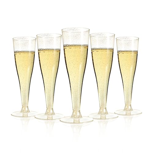 Bestluck 200 Pack Champagne Flutes Plastic, 4.5 oz Gold Glitter Plastic Disposable Stemware, Disposable Champagne Flutes f...