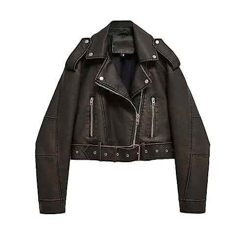 LY VAREY LIN Women Faux Leather Cropped Jacket Lapel Zipper Biker Short Coat with Belt
